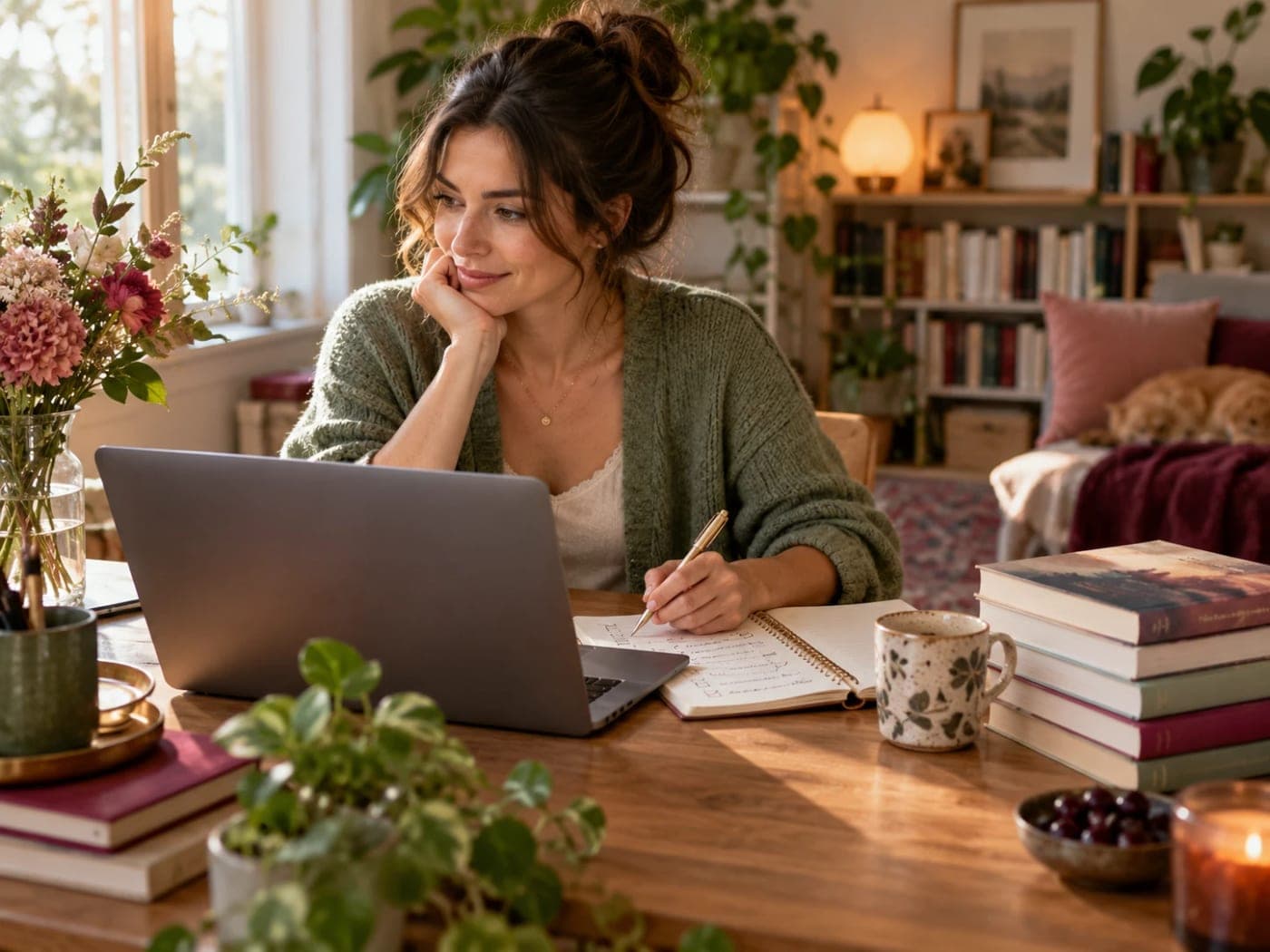 Autora em casa escrevendo, com laptop, caderno e uma pilha de livros sobre a mesa